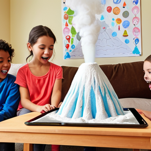 Home 4 A group of diverse children, aged 6-10, enthusiastically engaged in a cozy living room. One child is watching an educational science video on a tablet, while another is replicating a simple experiment (e.g., a baking soda volcano) with household items, displaying joyful discovery. A third child is sketching inspired by the screen. The scene should be bright and warm, emphasizing hands-on learning, curiosity, and the seamless integration of digital content with real-world activity.