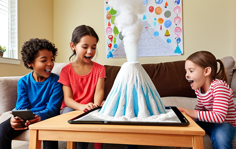 A group of diverse children, aged 6-10, enthusiastically engaged in a cozy living room. One child is watching an educational science video on a tablet, while another is replicating a simple experiment (e.g., a baking soda volcano) with household items, displaying joyful discovery. A third child is sketching inspired by the screen. The scene should be bright and warm, emphasizing hands-on learning, curiosity, and the seamless integration of digital content with real-world activity.