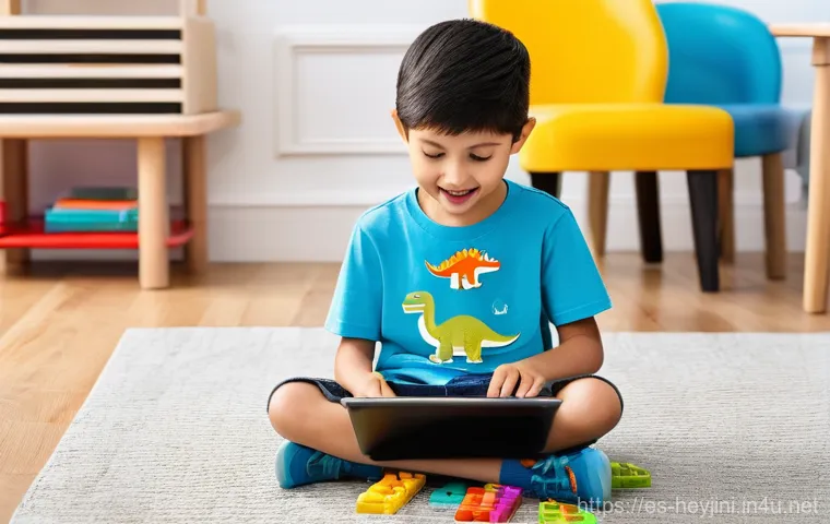 헤이지니 어린이 교육 콘텐츠 - **"A vibrant and diverse group of children, aged 6-9, immersed in educational digital activities wit...