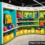 헤이지니 굿즈 디자인 특징 - A vibrant and energetic product display featuring backpacks and accessories adorned with saturated c...