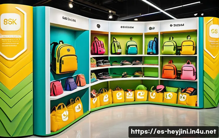 헤이지니 굿즈 디자인 특징 - A vibrant and energetic product display featuring backpacks and accessories adorned with saturated c...