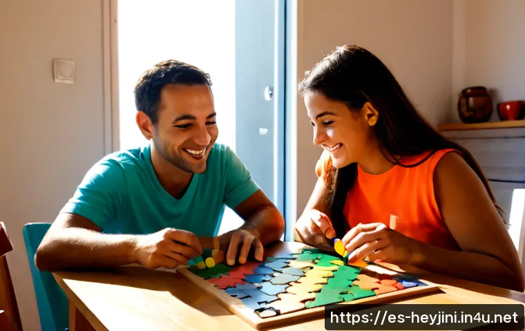 Home 17 헤이지니 관련 퍼즐 게임 - Photorealistic cheerful Spanish family at a sunlit living-room table, a young child and parent solvi...